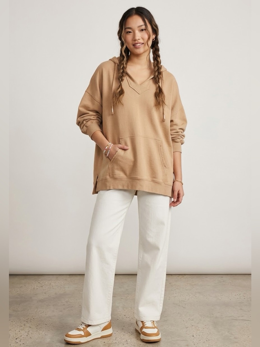 Aerie Tan Wonder Textured V-Neck Hoodie Sweatshirt, size XS